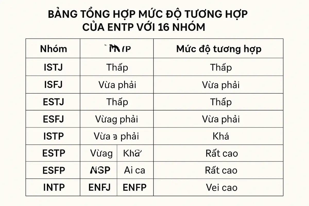 Bảng tổng hợp mức độ tương hợp của ENTP với 16 nhóm