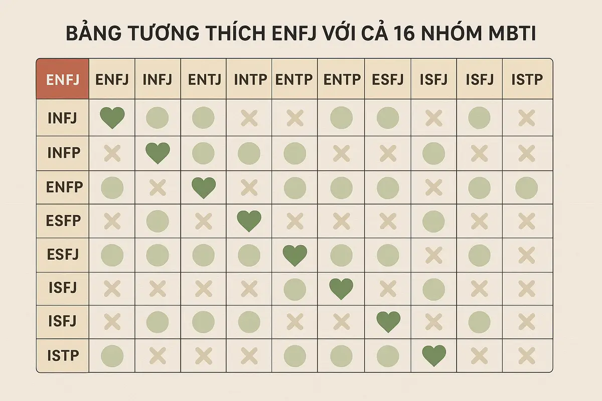 Bảng tương thích ENFJ với cả 16 nhóm MBTI